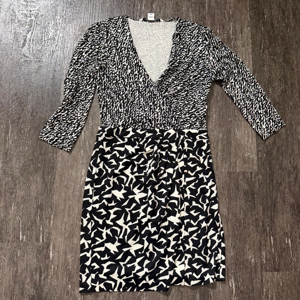 Diane von Furstenberg Dress‎ Womens 0 Black White Silk Mixed Print 3/4 Sleeve